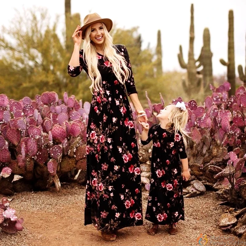 Summer Parent child Wear Long Sleeve Skirt Mother And Daughter Dress Floral Print Matching Outfits Casual Summer Parent child Wear Long Sleeve Skirt Mother And Daughter Dress Floral Print Matching Outfits Casual