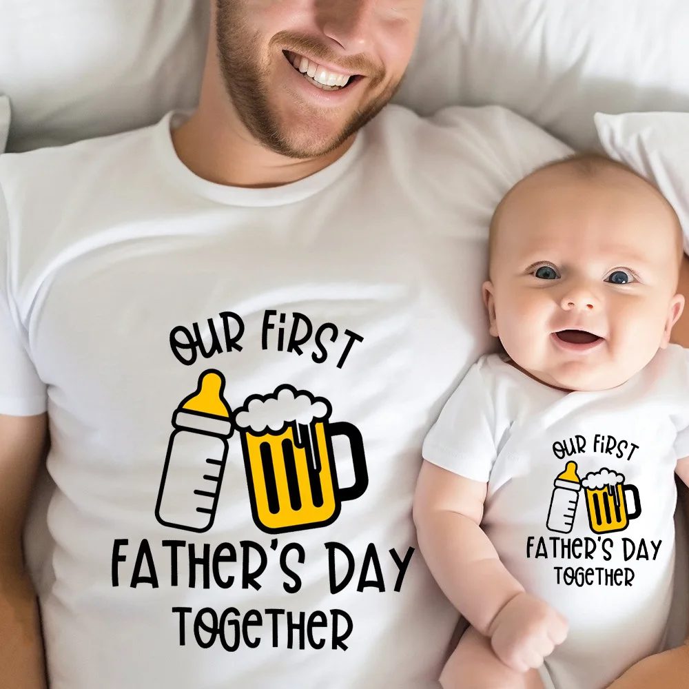 First Father’s Day Together Matching T-shirts 1 Infant’s Our First Father’s Day Together Outfit Letter Print Family Matching Set Casual Short Sleeve Matching Outfit Clothing