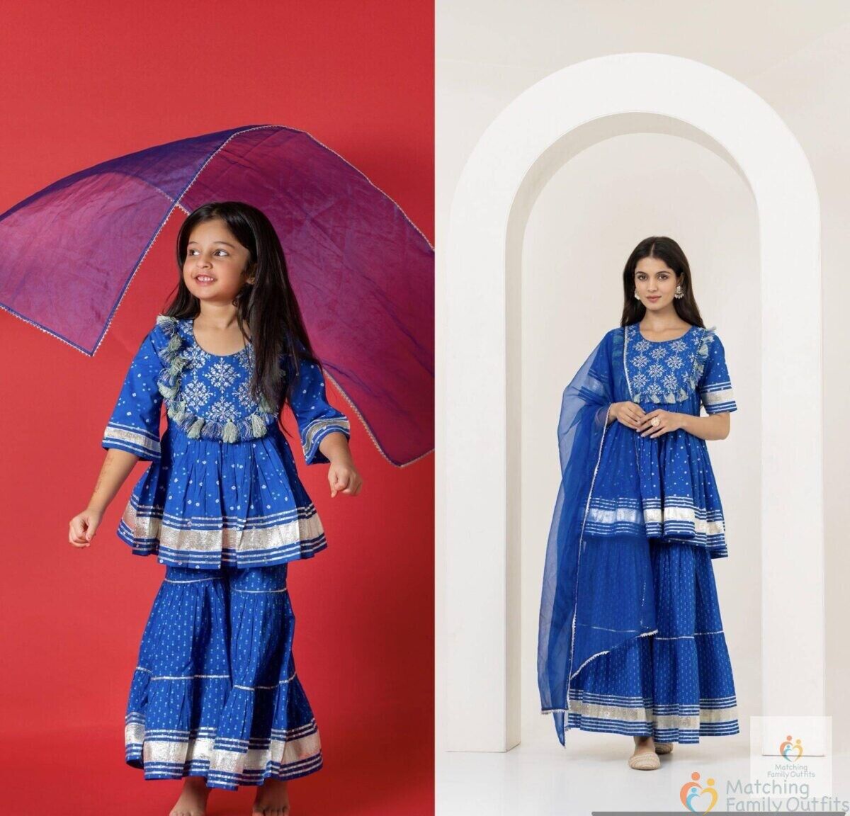 Mom & Me Royal Blue Sharara Set with Pom Pom Detailing